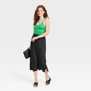 A New Day Black Satin Midi Skirt